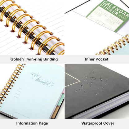 Yoment Hardcover Spiral Notebooks for Work School, B5 Journal Notebook with Tabs Dividers, Multi 5 Subject Notebook College Ruled, 240 Pages Lined Journal for Men, Back to School, Gifts, Black