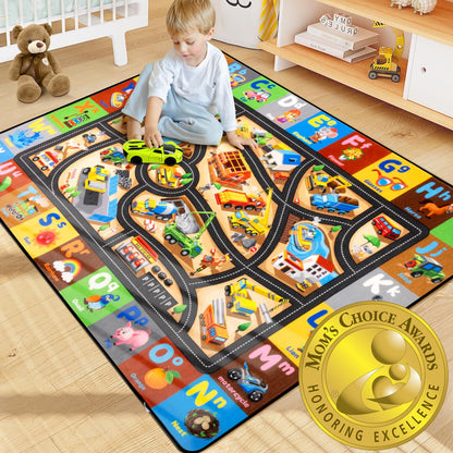 Diysani Construction Site Play Rug 6x9FT Car Rug for Kids Toy Cars Non-Slip Car Carpet Baby Play Mat for Floor Washable ABC Alphabet Playroom Nursery Preschool Daycare Classroom Carpet