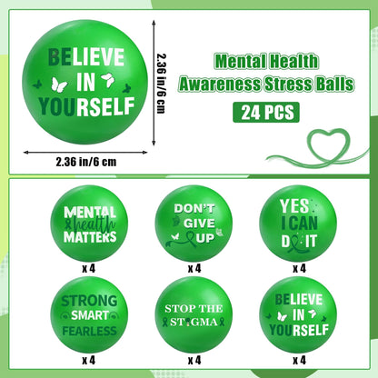 Aneco 24 Pieces Mental Health Awareness Stress Balls Mini Motivational Foam Toys Bulk Encouraging Mental Health Gifts Anxiety Stress Relief Toys for Fundraiser Gifts Supporting Minds
