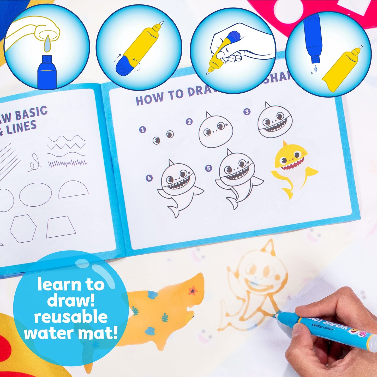 Baby Shark Water Drawing Mat by Horizon Group USA, Includes Reusable 40-Inch Water Drawing Mat, Refillable Water Brush & Pens, Stencils, Mess-Free Water Art for Toddlers, Age 3+