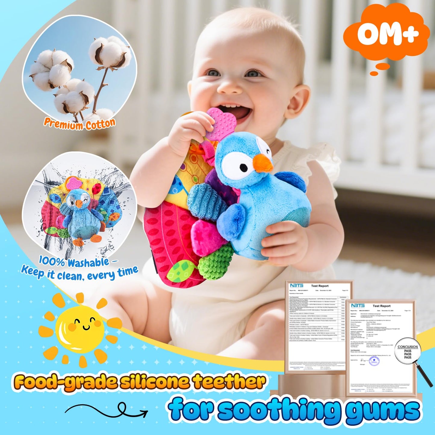 Baby Sensory Tummy Time Toys 0-3-6-12 Months, High Contrast Newborn Infant Peacock Toy, Washable Stuffed Animal Toy with Mirror Crinkle Rattle Teether,Baby Boy Girl Shower Gifts Easter Basket Stuffers
