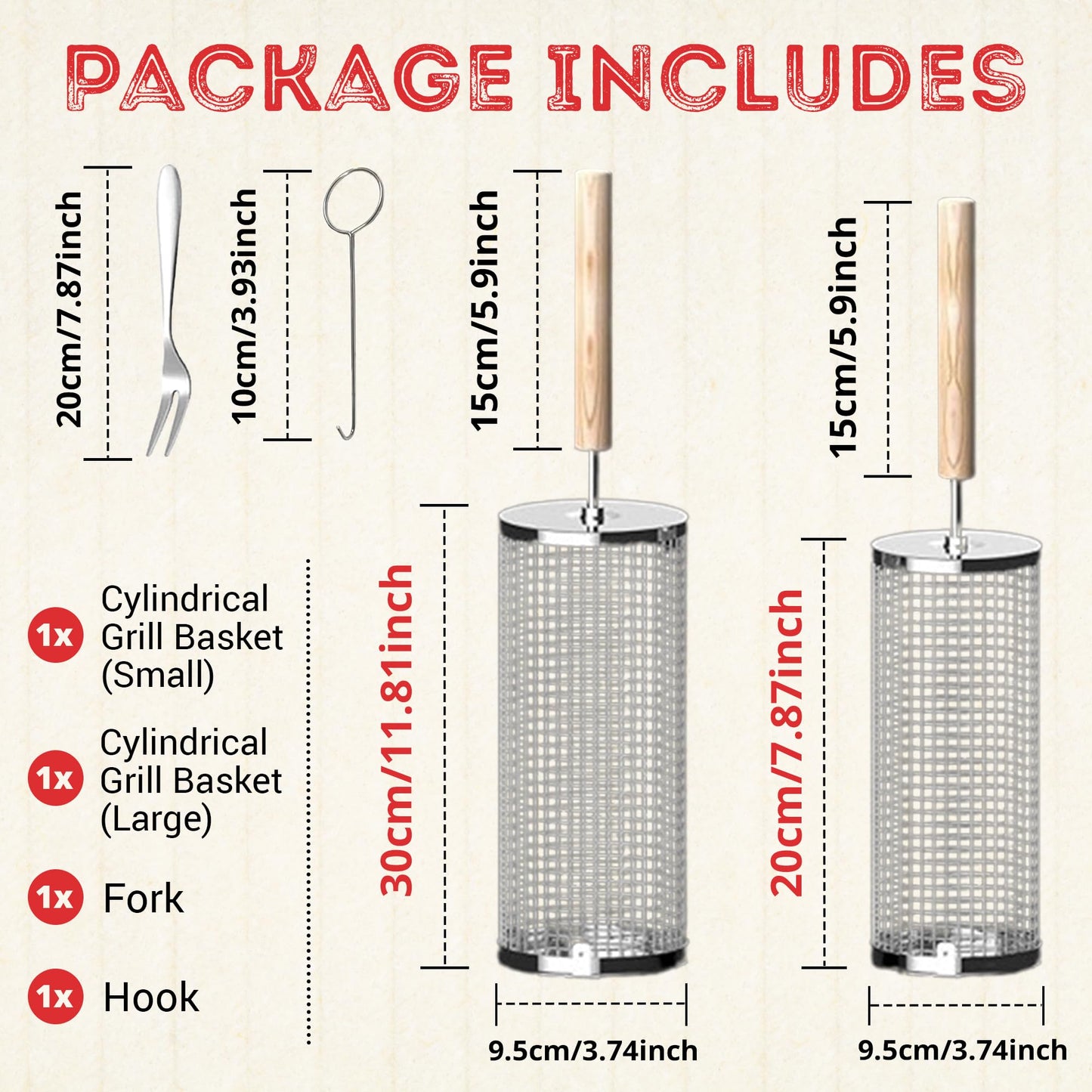Rolling Grill Basket Round Shaped with Removable Wooden Handle, 304 Stainless Steel, Nesting Grilling Net, BBQ Accessories Tools for Vegetables Shrimp, Outdoor Cooking Camping Gift