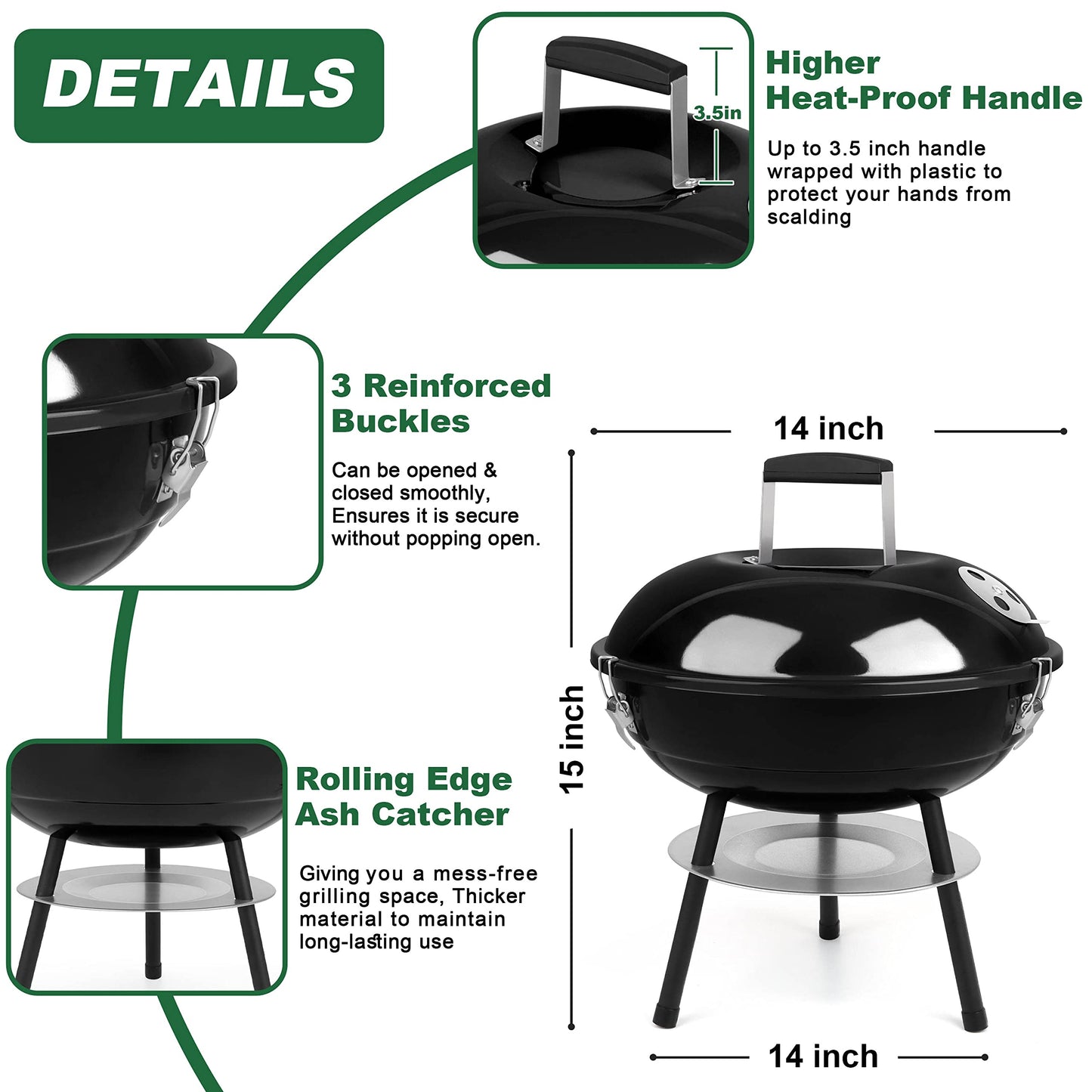 14 inch Charcoal Grill, Joyfair Small Portable BBQ Grill with Locking Lid for Outdoor Camping/Patio/Backyard Barbecue/Tabletop Cooking, Enamel Coated & Dual Vent System (Black)