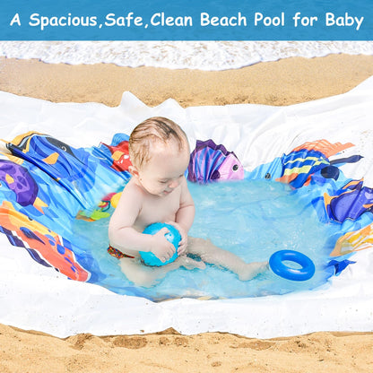 6.5 X 6.5 Ft Baby Beach Pool, 2 in 1 Portable Kids Beach Play Pool Puddle Toddler Beach Blanket and Kiddie Pools Blue Cartoon Childs Sand Pit Paddling Pools with Water Bag for Boy Girl Outdoor Camping