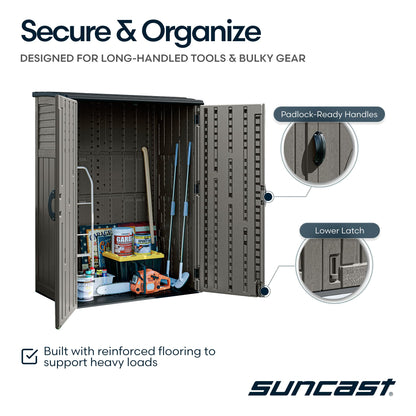 Suncast Outdoor Storage Cabinet Waterproof Resin Vertical Outdoor Storage Shed (54 cu. ft.) for Patio, Garden Tools, Cushions, & Equipment. Weatherproof Plastic Multi-Wall Design, Capacity Made in USA