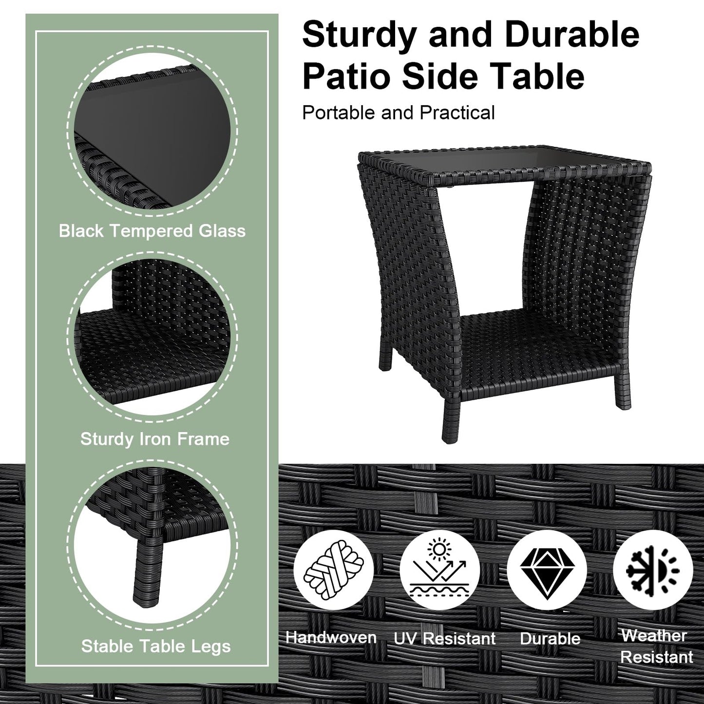 kinbor Small Outdoor Table - Tempered Glass Top Small Outdoor Wicker Side Table with Storage Shelf for Patio, Balcony & Porch, Durable PE Rattan & Iron Frame