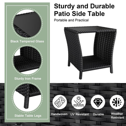 kinbor Small Outdoor Table - Tempered Glass Top Small Outdoor Wicker Side Table with Storage Shelf for Patio, Balcony & Porch, Durable PE Rattan & Iron Frame