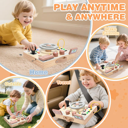 Joyreal Montessori Toddler Busy Board - Montessori Toys for 1 2 3 Years Old, Wooden Sensory Board with LED Lights, Steering Wheel, Music Player, Travel Toys for 1+ Year Old Boy & Girl Birthday Gift