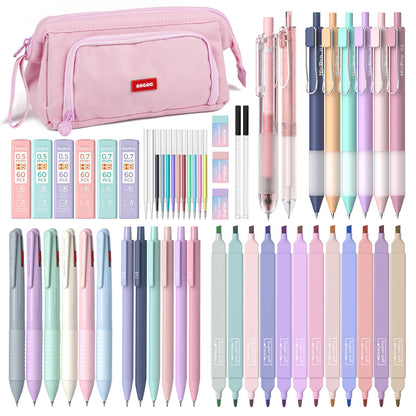Nicpro 52PCS Aesthetic School Supplies with Cute Pencil Case, 12 Color Pastel Highlighter, 8 Gel Pens, 6 Multicolor Pen, 6 Mechanical Pencils 0.5 & 0.7 mm for Girls Student Stationary Set Preppy Stuff