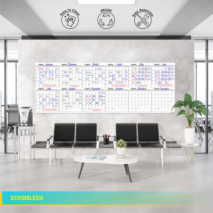 Extra Large 100"x36" Dry Erase Monthly Planner – 12-Month Whiteboard Calendar Includes 6 white Board Markers Eraser Push Pins & Mounting Tape