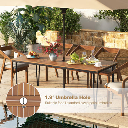Tangkula 79 Inch Outdoor Dining Table for 8, Acacia Wood 8-Person Patio Table with 1.9 Inch Umbrella Hole, Metal Legs & Adjustable Foot Pads, Rectangular Outside Table for Garden, Poolside & Backyard