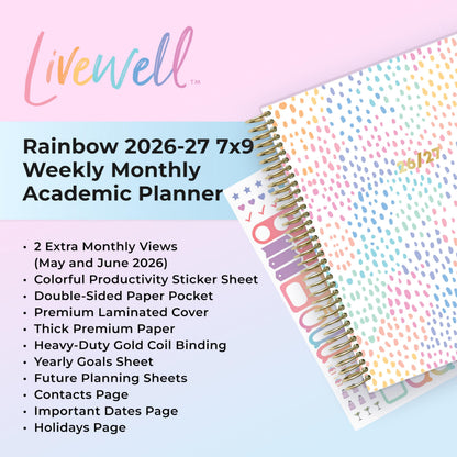 Blue Sky Livewell 2026-2027 Weekly and Monthly Academic Year Planner Calendar, July 2026 - June 2027, 7" x 9", Flexible Cover, Wirebound, Colorful Interior, Laminated Tabs, Storage Pocket, Includes Stickers, Rainbow