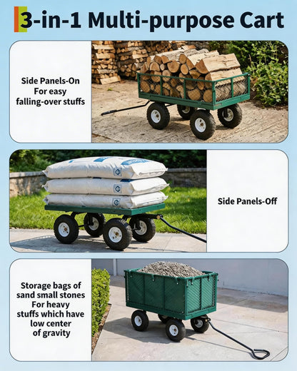 GarveeTech 800LBS Heavy Duty Steel Garden Cart, Garden Wagon Cart on Wheels, Metal Yard Utility Wagon with Removable Mesh Sides, 10" All Terrain Tires, 180° Rotating Handle for Lawn, Garden, Farm