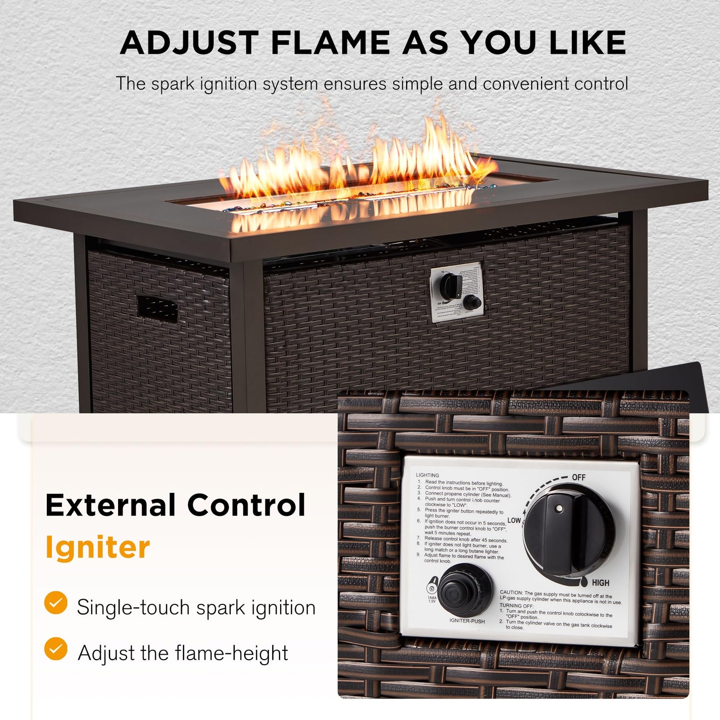 HOMREST 44in Outdoor Propane Gas Fire Pit Table, 50,000 BTU Auto-Ignition Gas Firepit, Black Tempered Glass Tabletop & Blue Glass Rock, Brown PE Rattan, CSA Certification