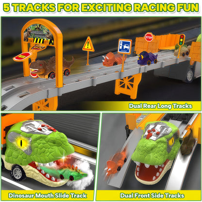 Dinosaur Carrier Truck Race Track Toys for Kids 3-5, Large Toy Cars Track Set with 8 Small Dinosaur Cars, T-Rex Transport Carrier, Christmas Birthday Gifts for 3 4 5 6 7 Year Old Toddler Boys Girls