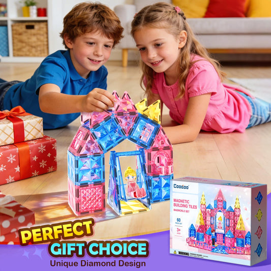 Coodoo Diamond Magnetic Tiles Magnetic Building Blocks STEM Sensory Toy for Boys Girls Pink Castle Dollhouse Pretend Princess Toys for 3 4 5 6 Year Old Girls Toys Birthday Xmas Present
