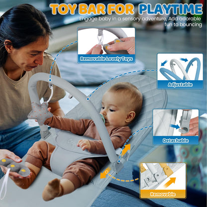 Orzbow Portable Baby Bouncer, Foldable Baby Bouncer Seat with Removable Play Bar, 3 Recline Positions, Infant, 0-12 Months Up to 20 lbs, Ergonomic Design, Easy to Assembly, Grey