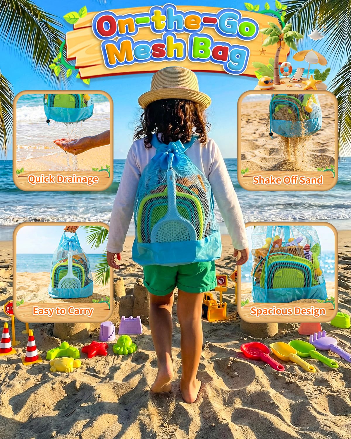 KONYXALU 30PCS Beach Toys for Kids Ages 3-10, All-in-One Sand Toy Set with 2 Collapsible Buckets, Mesh Bag for Easy Packing, Trucks, Sea Animal Molds, Shovels & Sieves for Beach, Sandbox & Snow Play