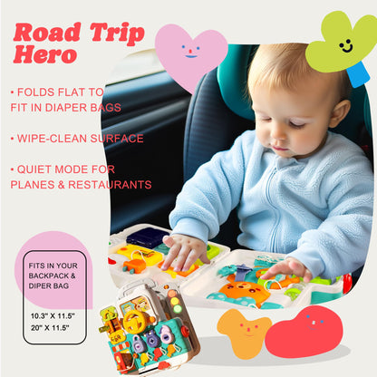 ROHSCE Baby Soft Blocks 34 PCS + Montessori Busy Board, Blocks 6-12 Months, STEM Stacking Toys, Sensory Activity Board Toddlers 1-3, Lights & Music, Travel Toy Airplane/Car, Gifts for Boys Girls