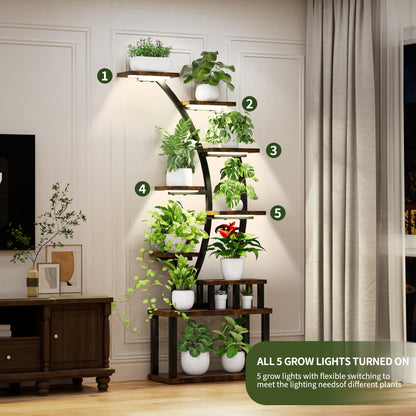9-Tier Indoor Plant Stand , 63.6" Tall Plant Stand with 5 Grow Lights for Lush Greenery, Adjustable Lighting Modes, 10-Level Dimming & 3 Timer Settings, Energy-Efficient, Perfect for Plant Growth (9-Tiered 63.6" Tall)