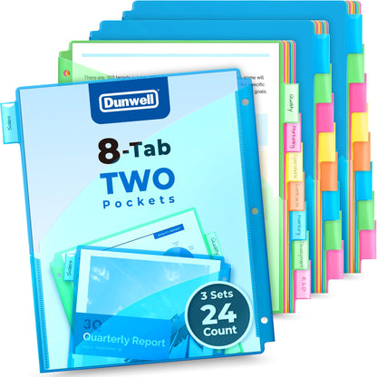 Dunwell 2-Pocket 8 Tab Binder Dividers (3 Sets, 24 Count), Plastic 8 Subject Notebook Dividers with Pockets for 3-Ring Binders, Durable Binder Pocket with Colorful Tabs, Letter Size