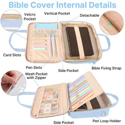PUGPIU Bible Cover Case for Women, Large Quilted Bible Bag with Shoulder Strap and Handle, Bible Study Supplies Journaling Kit with Highlighters Pens No Bleed Tabs Notebook Cross Clips (Light Blue)