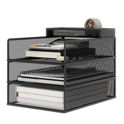 Natwind 3 Tier Stackable Paper Trays for Letter Documents, Desktop File Organizers for Office Supplies, Metal Mesh Desk Organizer，Office Organizer，Letter Trays for Home, Office, School，Black