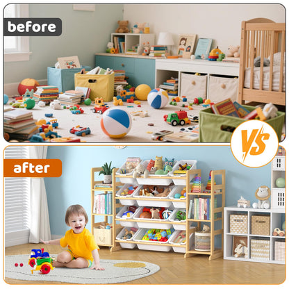 Ratulie Large Toy Storage Organizer Kids Toy Organizer and Bookshelf Combo with 12 Bins and 6 Shelves Toy Organization Box Toy Shelf for Playroom, Bedroom, Nursery