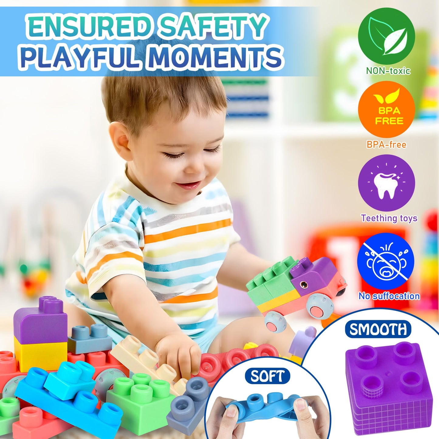 Baby Soft Blocks Set, Big Building Block Toys, Soft Rubber Blocks for Babies 6 Months and Sensory Rattle Balls Textured, Baby Teething Sensory Montessori Toys Soft Chew Toy with Rattles