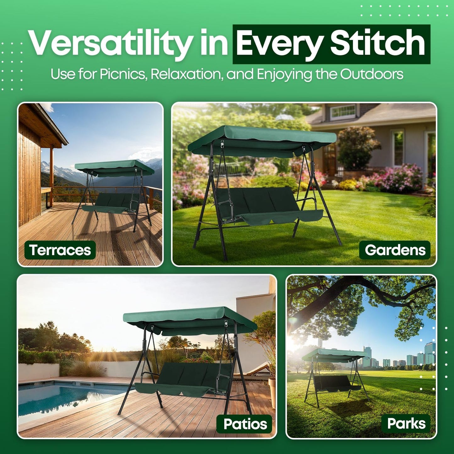 Flexzion Replacement Canopy for Outdoor Swing - 66" X 45" 2 Seat Bench Glider Swings Shade Fabric UV Weather Waterproof for Outdoor Garden Patio Yard Park Porch Seat Furniture, Green