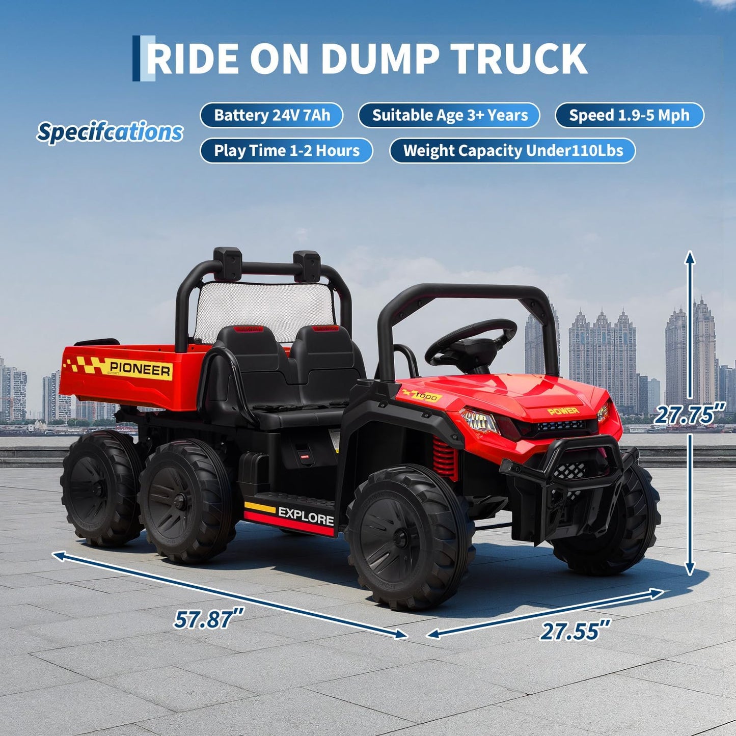 24V Electric Ride-on Dump Truck for Kids, 4WD Ride-On Car for Kids, 2-Seater UTV with Remote Control, Off-Road Electric Vehicle for Boys & Girls Outdoor Play
