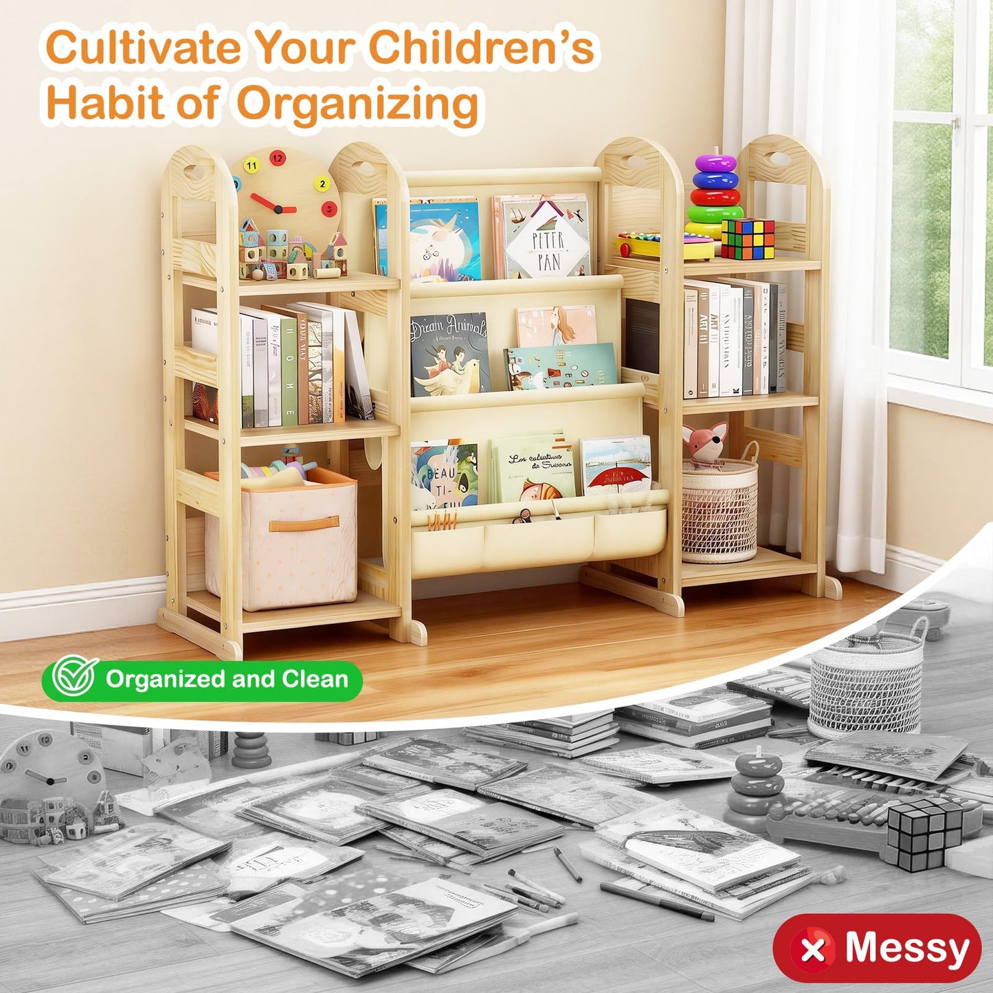 TWINDLE Kids Bookshelf and Toy Storage Organizer, Large 3 Tier Wooden Kids Book Shelf with Sling Book Rack for Kids Room, Nursery, Playroom