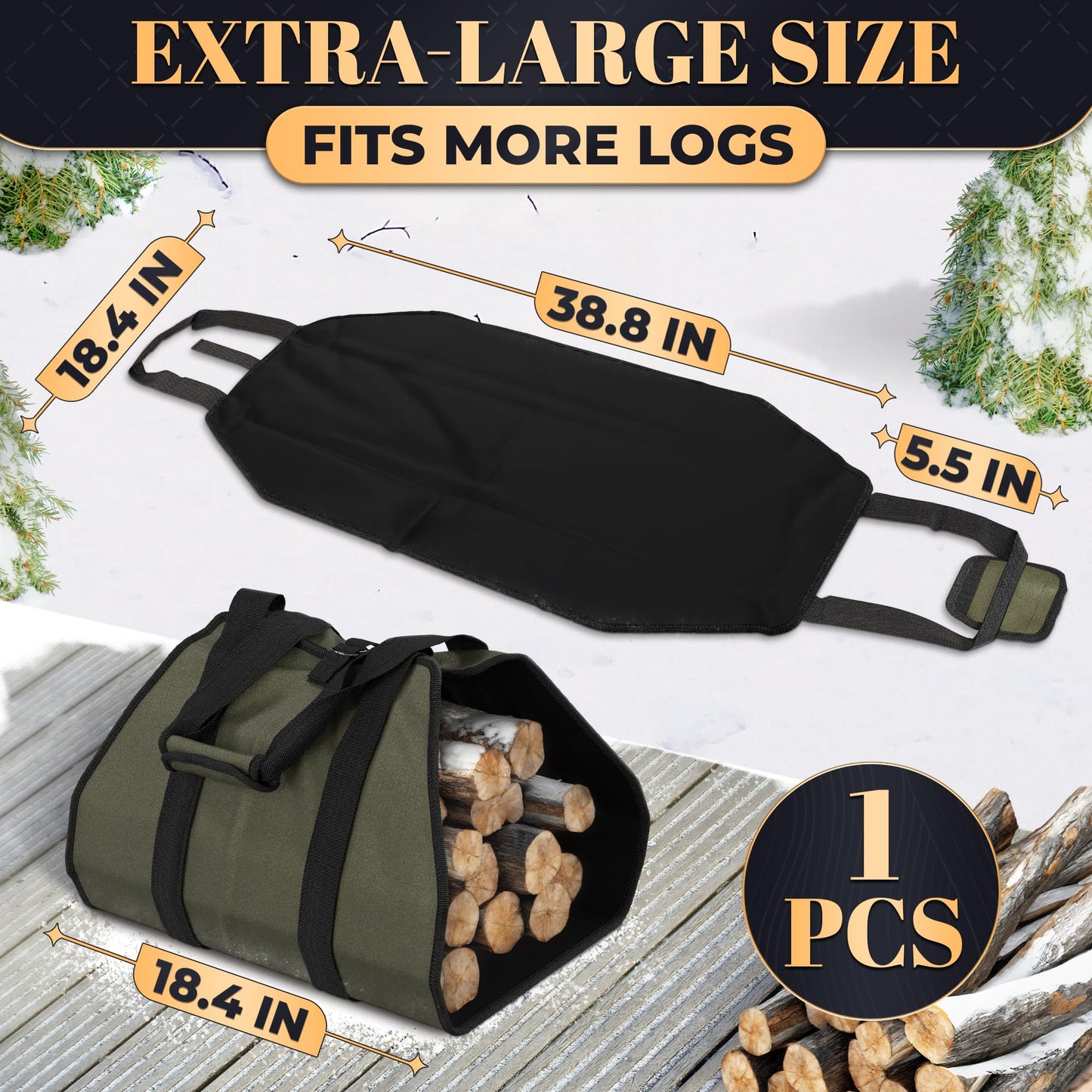 Water-Resistant Firewood Carrier Bag – 39.4"x18.5" Waxed Canvas Log Carrier for Firewood, Open-Ended Design, Large Capacity Wood Tote with Padded Handles, Buckle Strap & Folds Flat for Easy Storage
