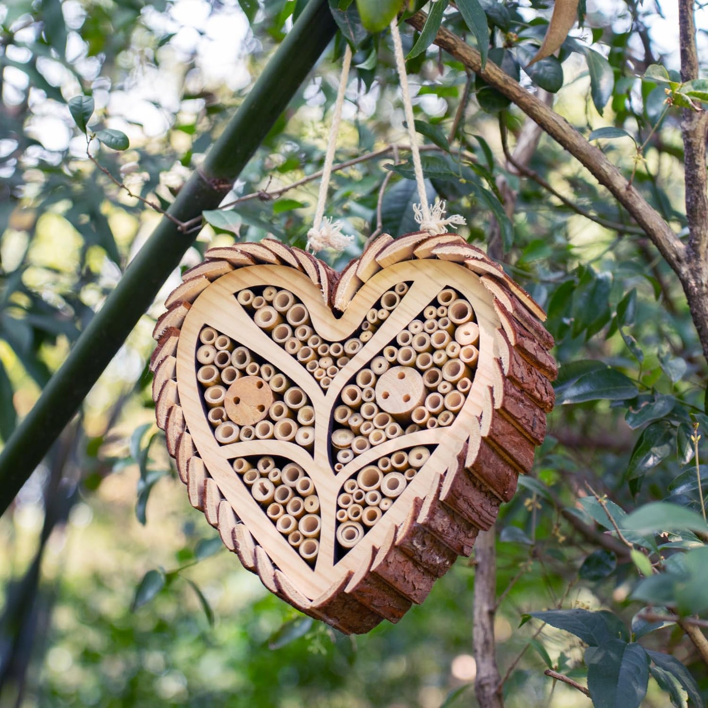 Mason Bee House, Heart-Shaped Wooden Bee House with Bamboo Tubes, Nesting Aid for Wild Bees, Natural Hanging Habitat for Pollinators, Increases Productivity in Your Garden, Brown
