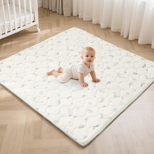 Fortella Extra Thick Baby Play Mat for 50" Playpen, 47"x47" Snug Fit Playpen Mat, Machine Washable Foam Play Mat for Floor - Portable, Non-Slip Tummy Time & Crawling Mat for Babies Toddlers (Ocean Ivory)