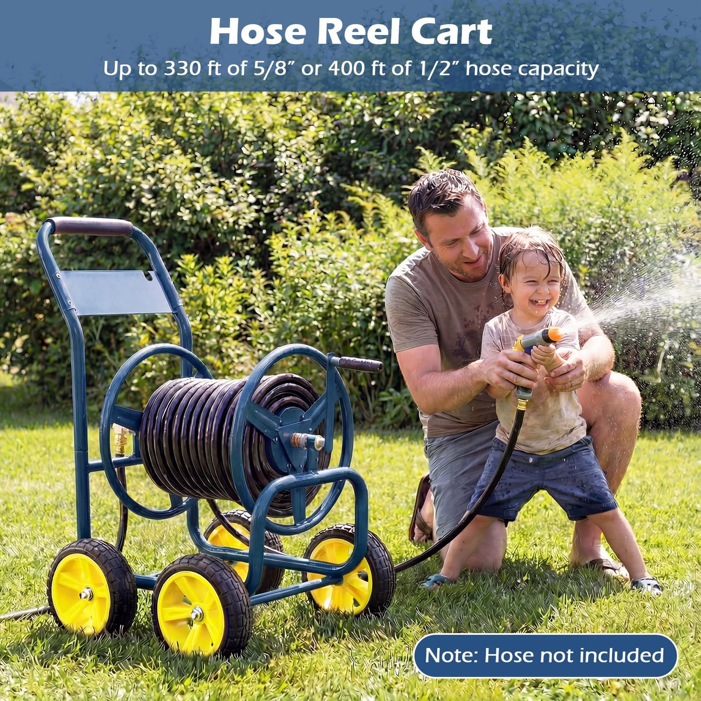 Toolsempire Garden Hose Reel Cart, Mobile Water Hose Cart with Heavy-duty Metal Frame & 4 Solid Wheels, Hold up to 330 ft of 5/8" Hoses, Outdoor Planting Tool for Lawn & Backyard (Navy Blue)