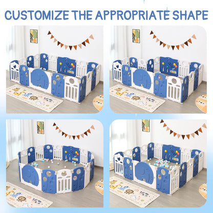 HAPPYMATY Baby Playpen, 18-Panel Foldable Play Pen for Babies and Toddlers, Indoor Outdoor Baby Fence with Sensory Play Panel, Adjustable Shape Activity Play Center, Portable & Easy Assemble