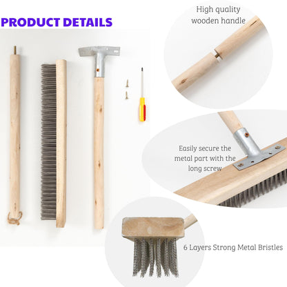 BMart Home Stainless Steel Deck Scrub Brush Broom with Long Handle -Scrubber Brush with Pole, Stiff Metal Bristle Brush for Removing Weed Moss Outdoor Floor Scrub Brush for Patio, Deck, Garden