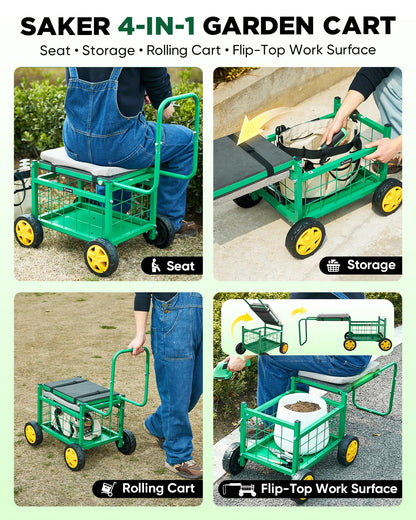 Saker Rolling Garden Cart with Seat & Wheels - 15.7'' EVA Padded Rolling Stool, 500 lb Steel Frame, Large Storage Basket - Garden Wagon Workseat for Patio Lawn Yard (Luxury Version)