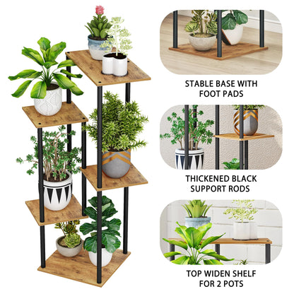 HAYOFAMY 5 Tier Plant Stand Indoor, Tall Plant Shelf Metal Wood Multiple, Flower Pot Holder for Living Room Office Balcony Patio, Rustic Brown