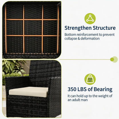 MilleLoom 3-Piece Outdoor Furniture Set, PE Rattan Wicker Chairs with Soft Cushions & Tempered Glass Coffee Table - All-Weather Patio Set for Garden, Backyard, Porch, Poolside (Black/Beige)