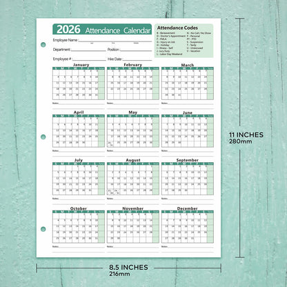 VistaRise 2026 Attendance Calendar, Employee Work Tracker Attendance Calendar cards - 3-Hole Punched for Binder, Cardstock, 8.5 x 11 in (Letter Size), Pack of 25 Sheets, Green
