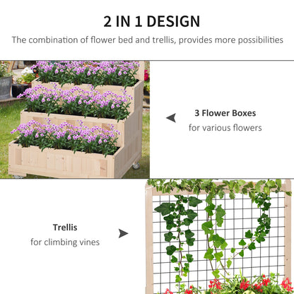 Outsunny 3-Tiers Raised Garden Bed with Trellis, 53" H Vertical Planter Box with Wheels & Back Storage Area, for Flowers, Vegetables, Herbs, Natural