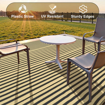 LEEVAN Waterproof Outdoor Rug 8x10 Black and Brown Patio Rug Clearance Large Plastic Straw Backyard Area Rug Striped Camping Outside Mat for Picnic, RV, Deck, Bench, Balcony