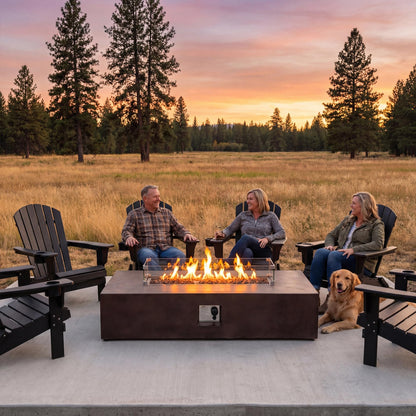COSIEST 2-Piece Outdoor Propane Fire Table Set, Rectangle Concrete 56" x 28" Bronze Fire Pit (Certified, 50,000 BTU) w 20lb Tank Table, Wind Guard, Waterproof Cover for Garden, Porch, Backyard