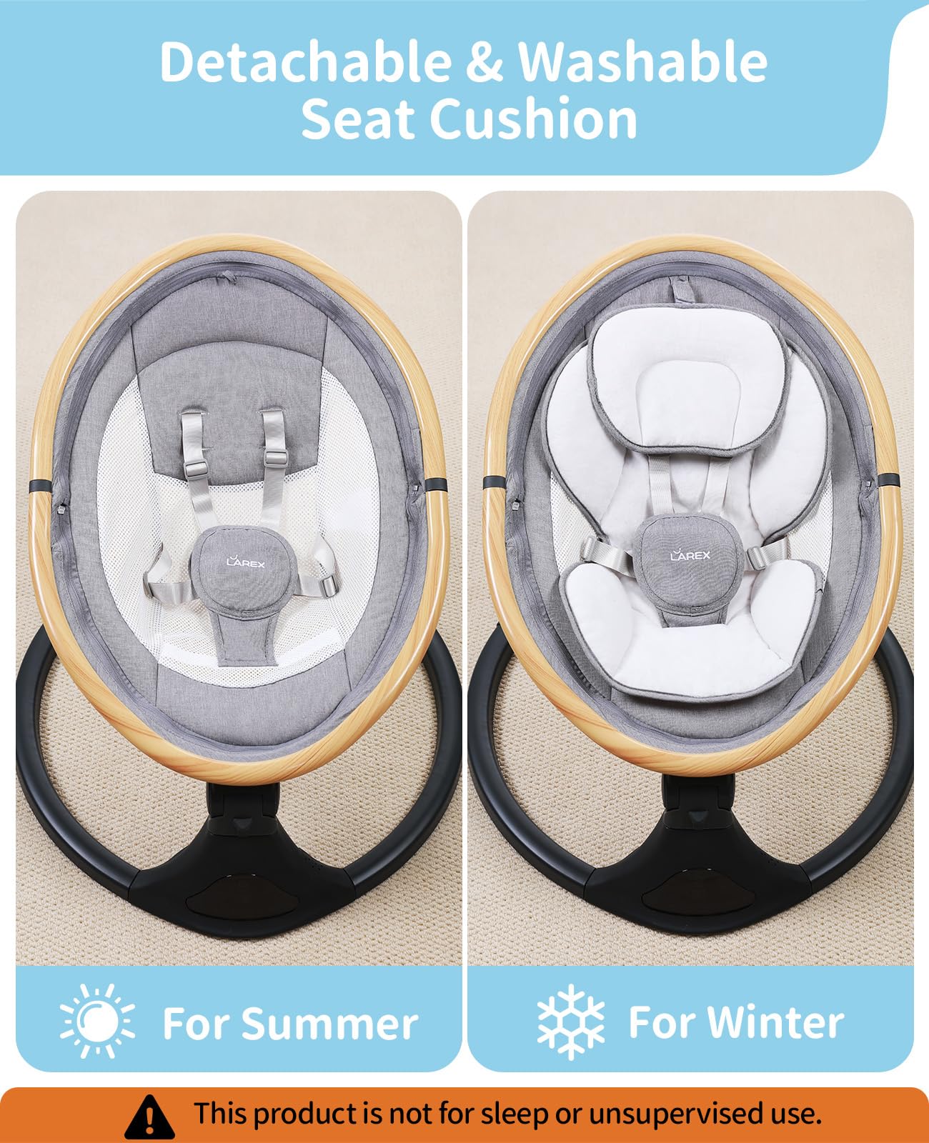 LAREX Baby Swing to Toddler Electric Infant Swing Portable for Newborn Boy Girl, 5 Sway Speeds with Remote Control, 12 Preset Melodies and Bluetooth, 0-6 Months Max 20 Lbs (Light Wood Grain)