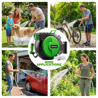 Retractable Garden Hose Reel 100FT x 1/2 in, Wall Mount Water Hose Reel for Outside with Auto Rewind, Tangle-Free Guide, 180° Swivel Bracket, Lock at Any Length, High-Pressure Flow, 10-Pattern Nozzle