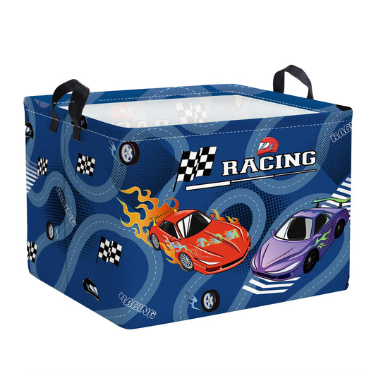HUUMONSS Racing Car Baby Storage Basket Collapsible Clothes Kids Laundry Hamper Large Flag Track Boys Gift Toy Box Bin for Playroom, Blue, 36L