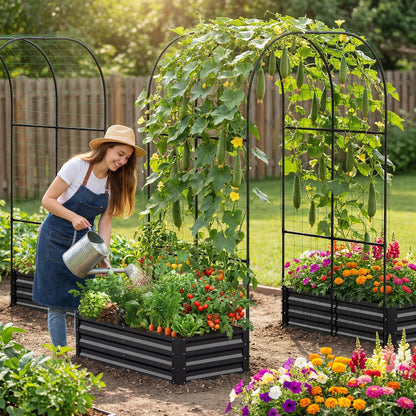 DoCred 3 in 1 Galvanized Raised Garden Bed, 2Pcs Metal Garden Planter Box with 87" H Trellis for Climbing Plants, Outdoor Gardening Raised Beds with Climbing Net for Fruits, Vegetables, Flower (Black)