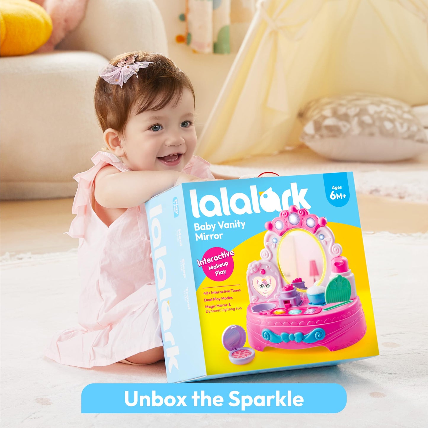 lalalark Toddler Vanity & Baby Vanity Mirror Toy, Interactive Pretend Vanity Set with 40+ Sounds and Music, Learn Musical Mirror Toy, Birthday Gift for 6 Months+ 1 2 3 Year Old Kids Girls